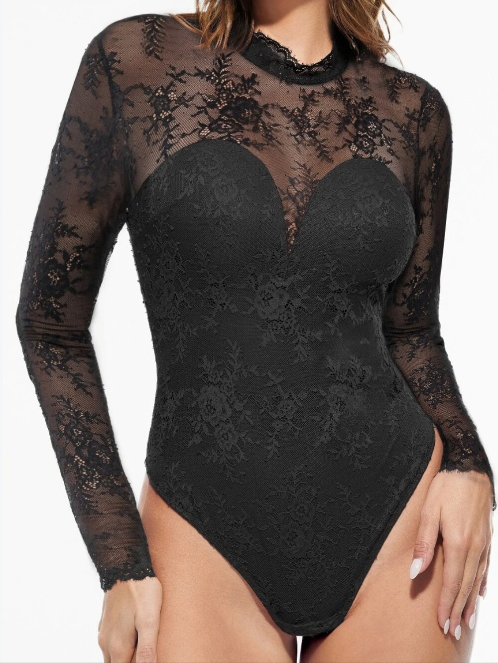 Popilush Shapewear Mock Neck Long Sleeve Floral Lace Bodysuit Medium New Women's